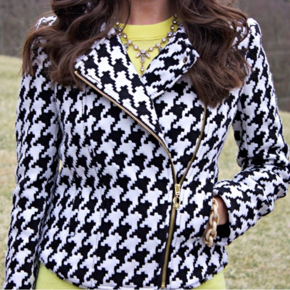Q Mack Herringbone Blazer Black & White Jacket Asymmetrical Gold Zip Size M - Picture 3 of 14
